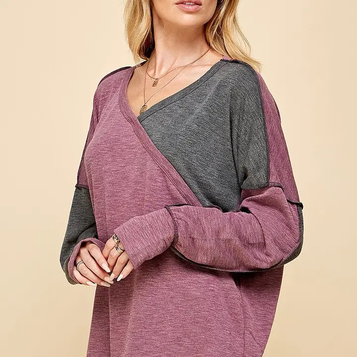 COLOR BLOCK OUT STITCHING LONG SLEEVE TOP - CLEARANCE