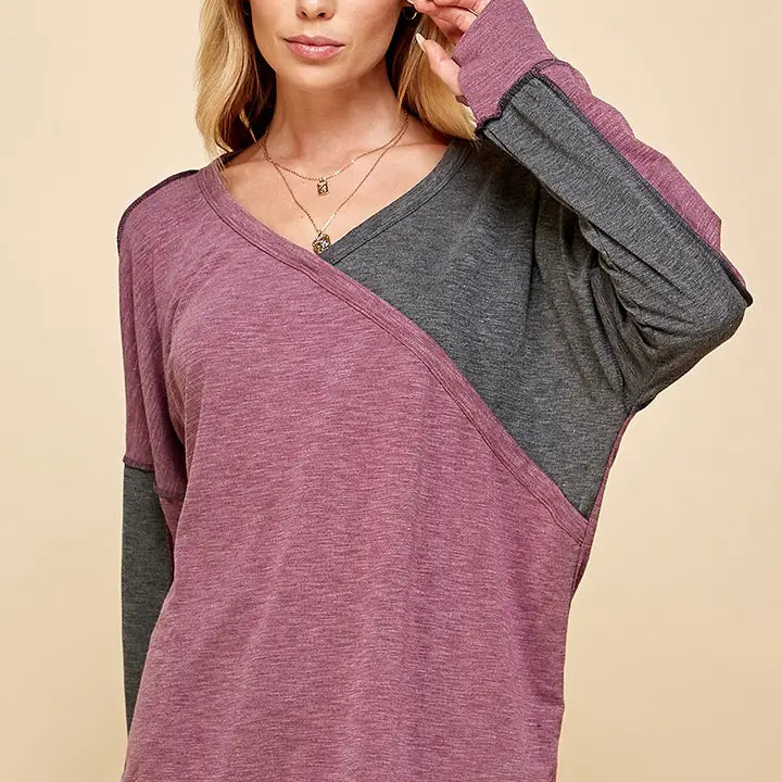 COLOR BLOCK OUT STITCHING LONG SLEEVE TOP - CLEARANCE