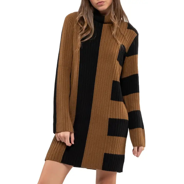 TWO TONE STRIPED MINI SWEATER DRESS