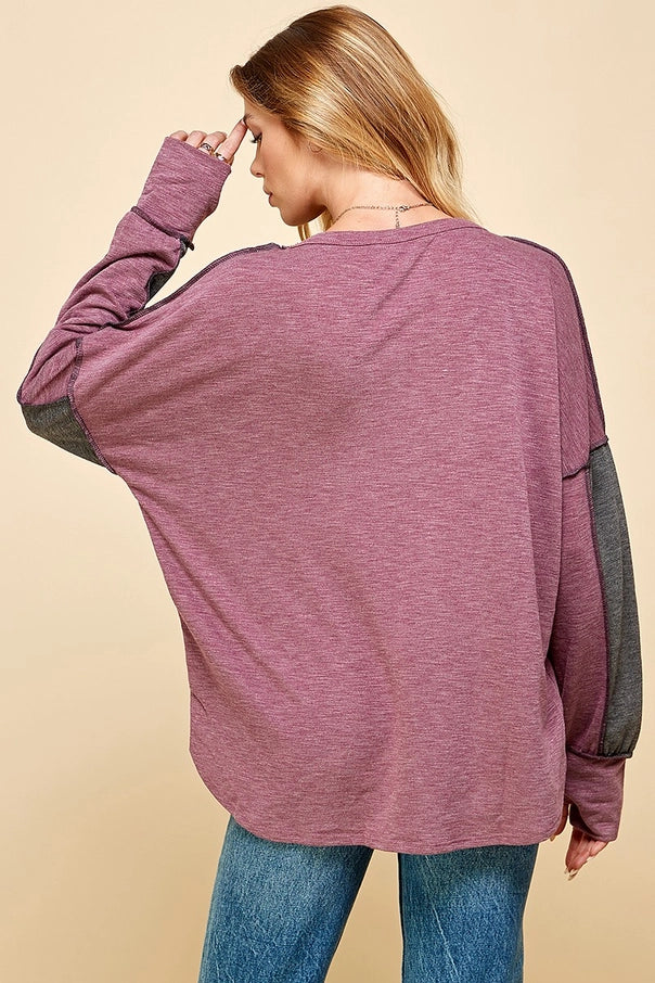 COLOR BLOCK OUT STITCHING LONG SLEEVE TOP - CLEARANCE