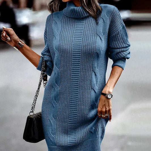 CROSS KNIT ROLL NECK SWEATER DRESS - CLEARANCE