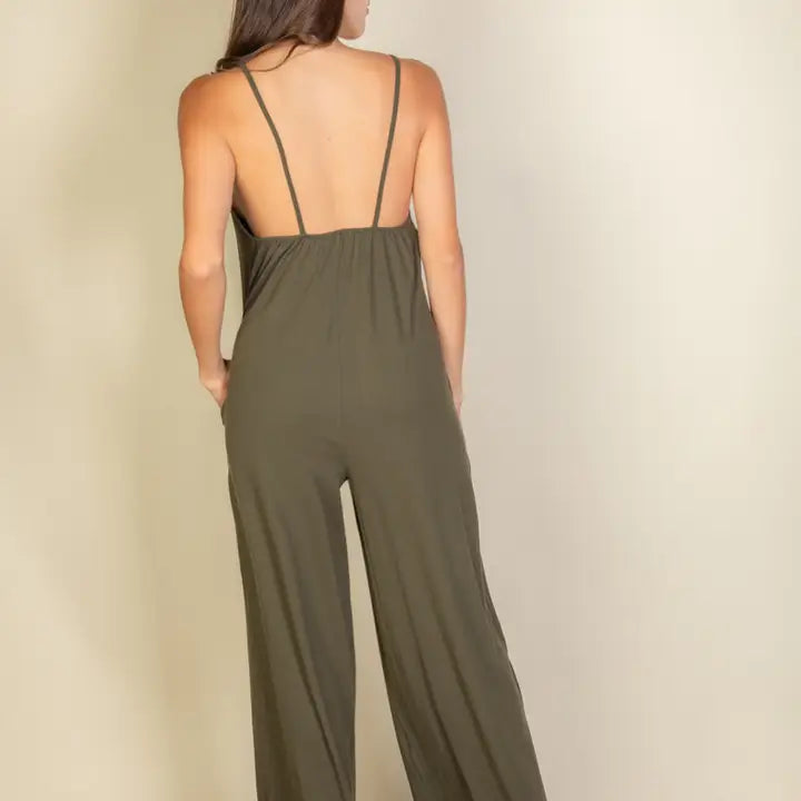 SPAGHETTI STRAP SOLID WIDE JUMPSUIT