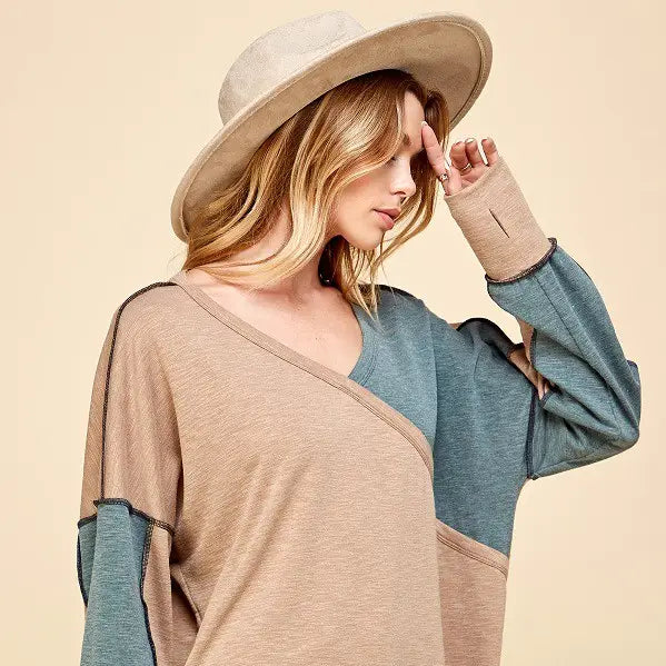 COLOR BLOCK OUT STITCHING LONG SLEEVE TOP - CLEARANCE