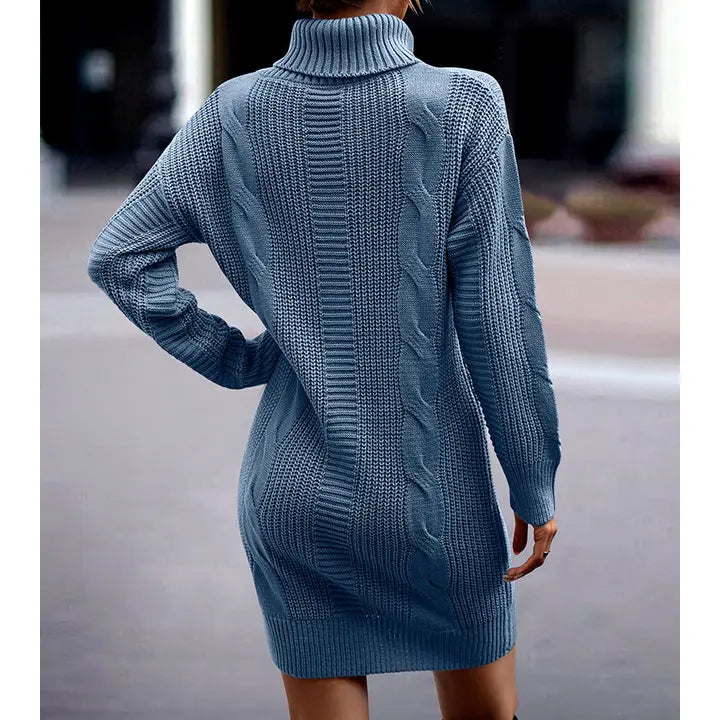 CROSS KNIT ROLL NECK SWEATER DRESS - CLEARANCE