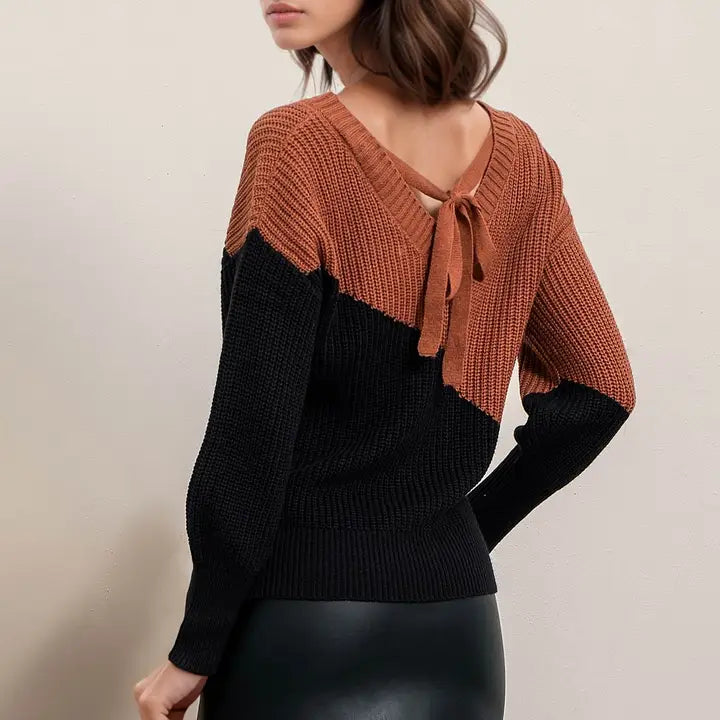 ASYMMETRICAL COLORBLOCK BACK TIE SWEATER - CLEARANCE