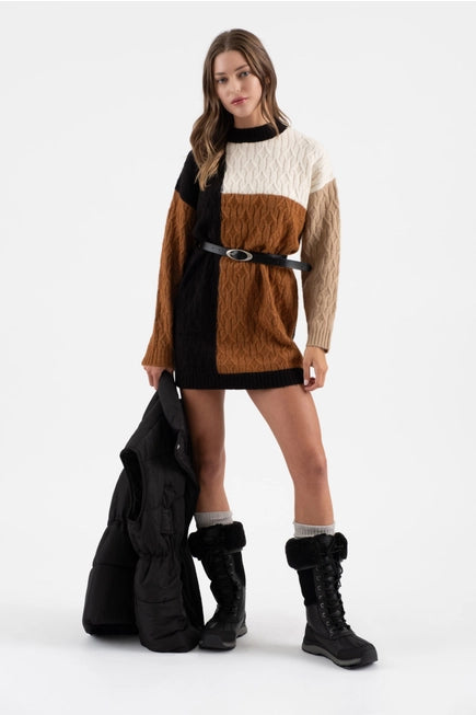 COLORBLOCK CREWNECK LONG SLEEVE SWEATER DRESS - CLEARANCE