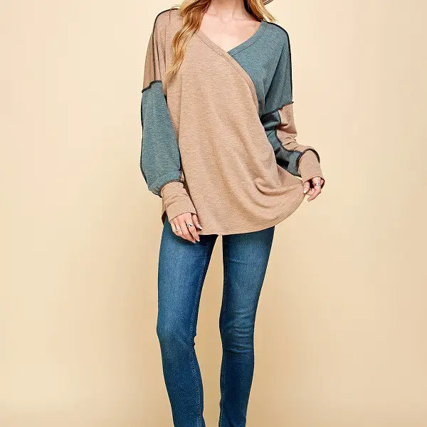 COLOR BLOCK OUT STITCHING LONG SLEEVE TOP - CLEARANCE