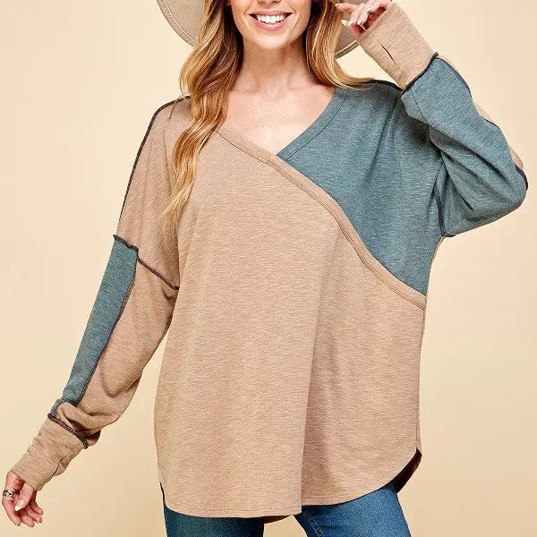 COLOR BLOCK OUT STITCHING LONG SLEEVE TOP - CLEARANCE