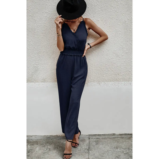 SLEEVELESS VNECK BELTED HIGH WAIST JUMPSUIT