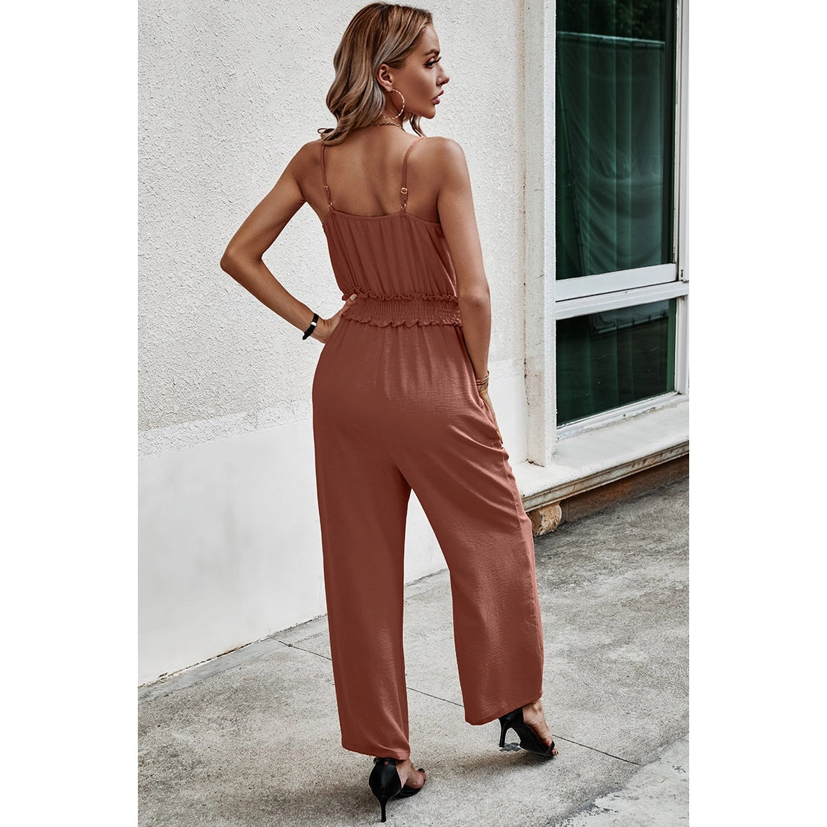 SLEEVELESS VNECK BELTED HIGH WAIST JUMPSUIT