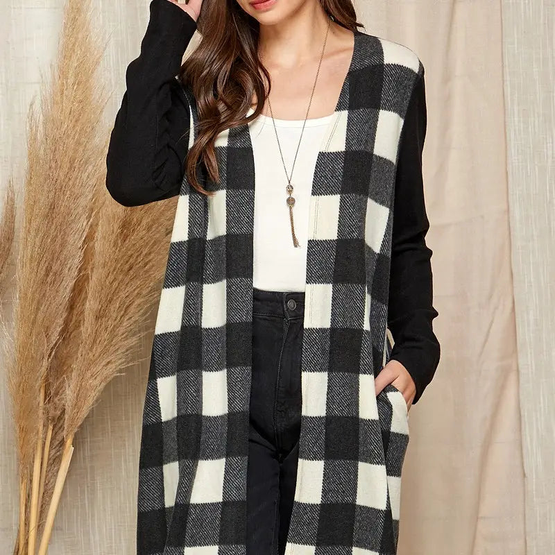 CHECKERED OPEN FRONT CARDIGAN - CLEARANCE