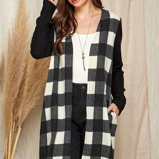 CHECKERED OPEN FRONT CARDIGAN