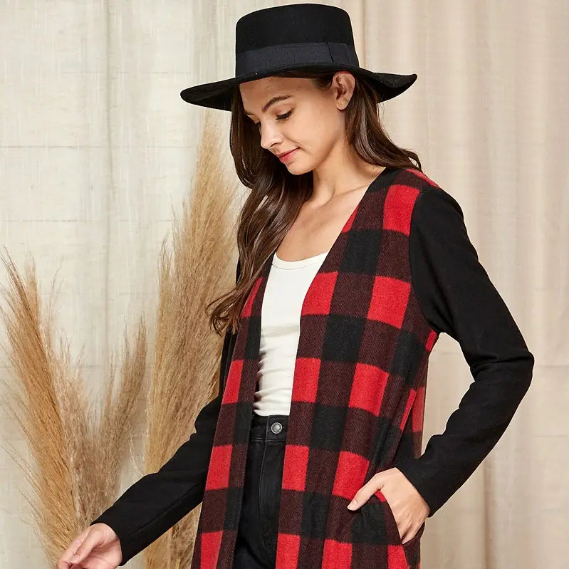 CHECKERED OPEN FRONT CARDIGAN - CLEARANCE