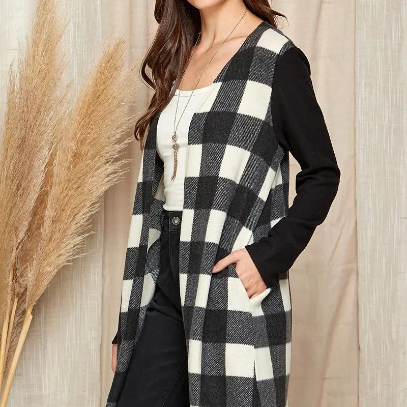 CHECKERED OPEN FRONT CARDIGAN - CLEARANCE