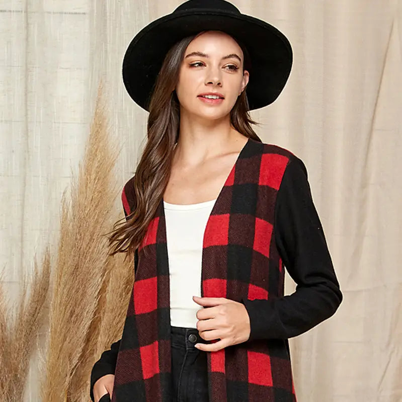 CHECKERED OPEN FRONT CARDIGAN - CLEARANCE