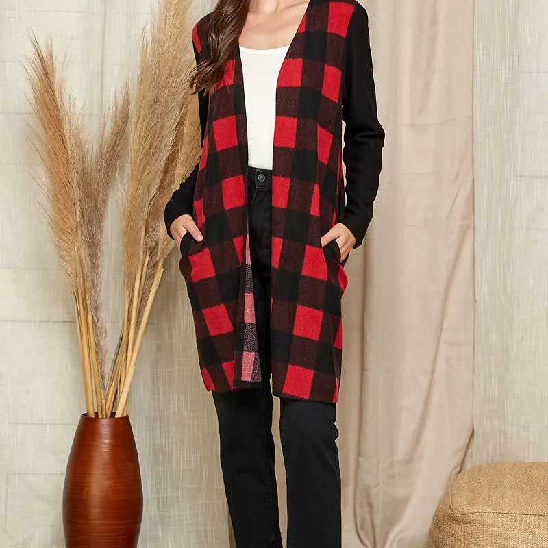 CHECKERED OPEN FRONT CARDIGAN - CLEARANCE