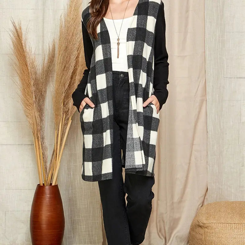 CHECKERED OPEN FRONT CARDIGAN - CLEARANCE