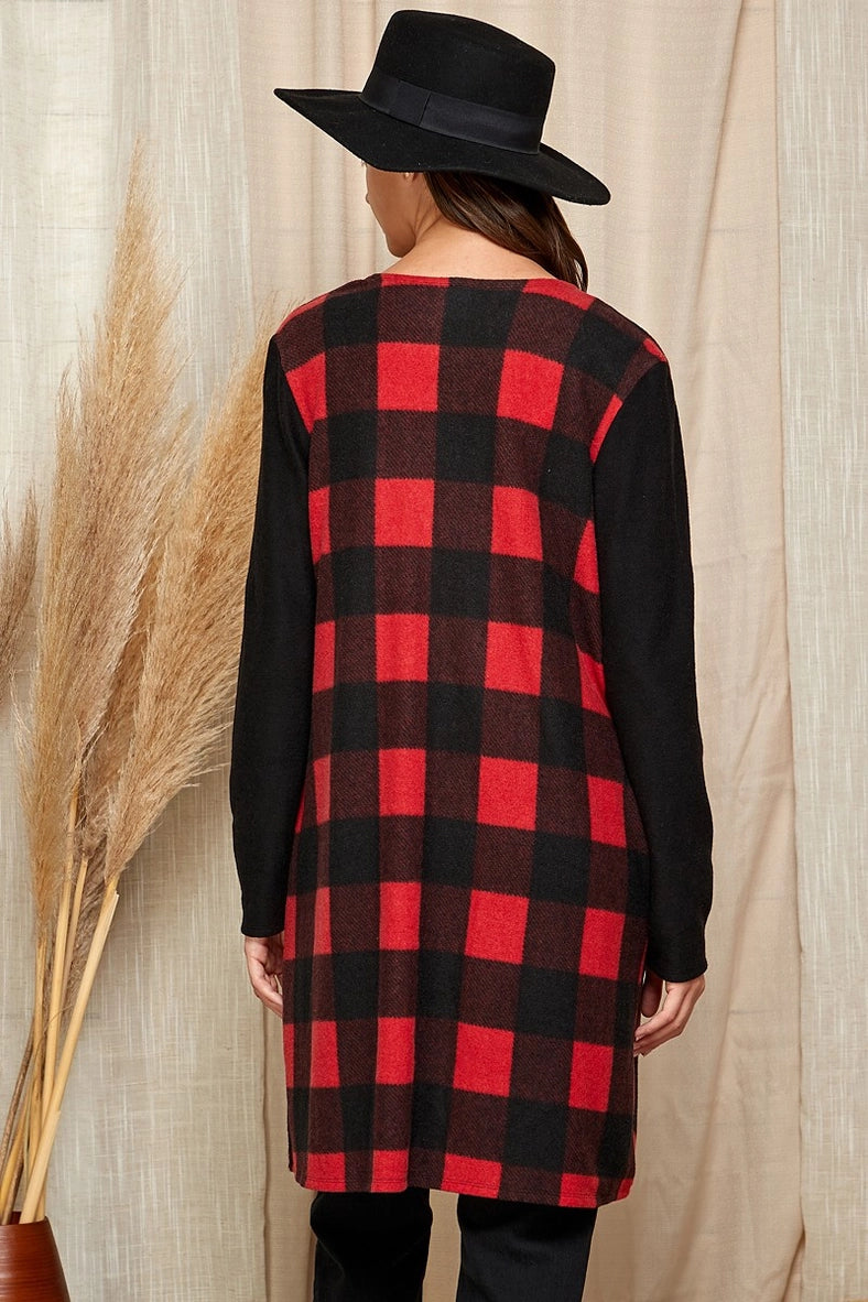 CHECKERED OPEN FRONT CARDIGAN - CLEARANCE