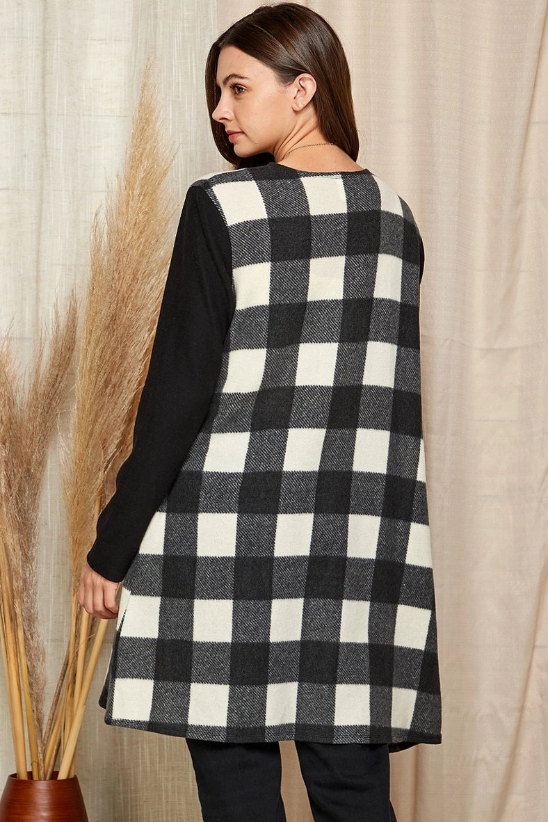 CHECKERED OPEN FRONT CARDIGAN - CLEARANCE