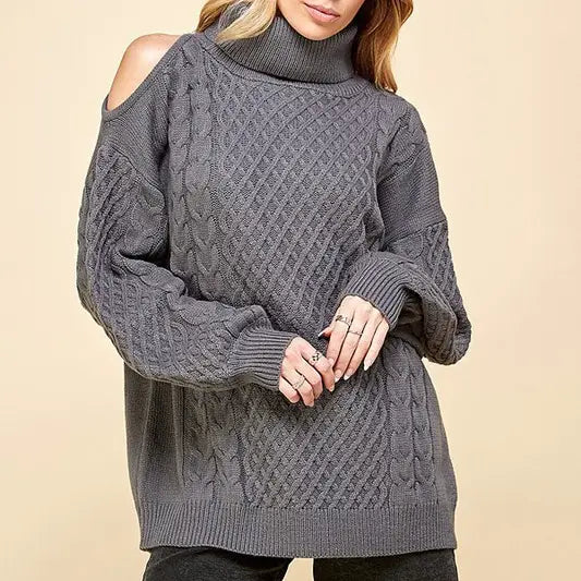 TURTLENECK COLD SHOULDER SWEATER