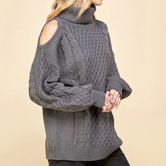 TURTLENECK COLD SHOULDER SWEATER