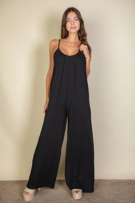 SPAGHETTI STRAP SOLID WIDE JUMPSUIT