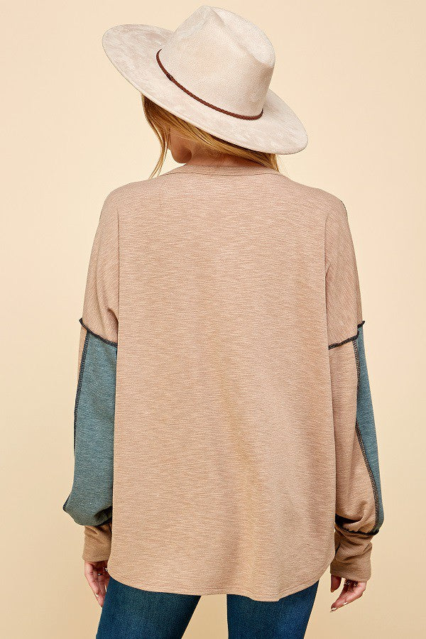 COLOR BLOCK OUT STITCHING LONG SLEEVE TOP - CLEARANCE