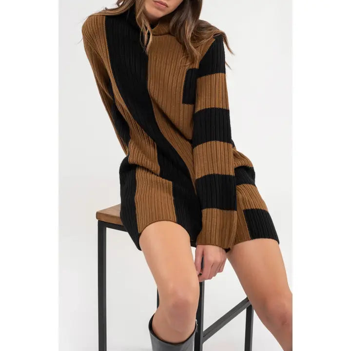 TWO TONE STRIPED MINI SWEATER DRESS