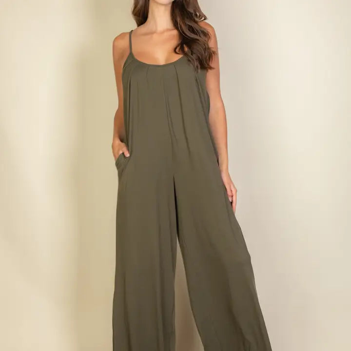 SPAGHETTI STRAP SOLID WIDE JUMPSUIT