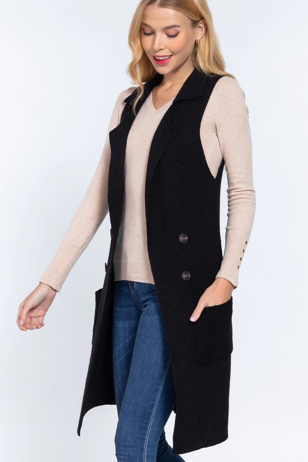 SLEEVELESS NOTCHED COLLAR VEST WITH SIDE POCKET